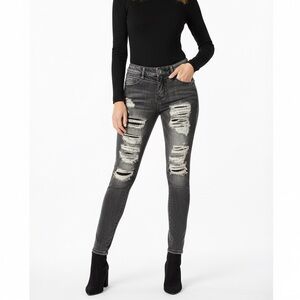 Y2K Bebe Kez Smokey Wash Gray Distressed Ripped Cut Out Jeans Grunge Punk 27